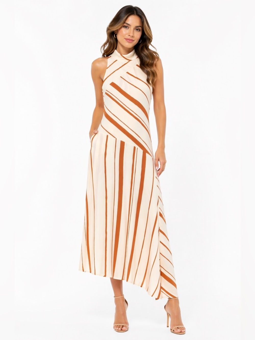 Taylor Cream and Rust Striped Asymmetrical Maxi Dress